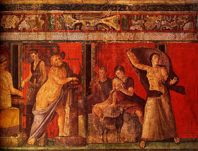 Peinture historique de gens dansant avec des tissus rouges