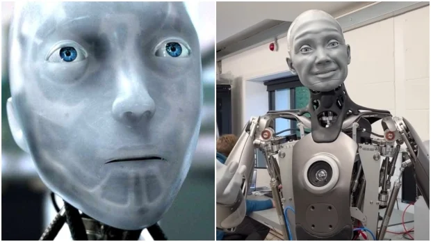 Visage du robot de prêt et photo du robot qui sourit.